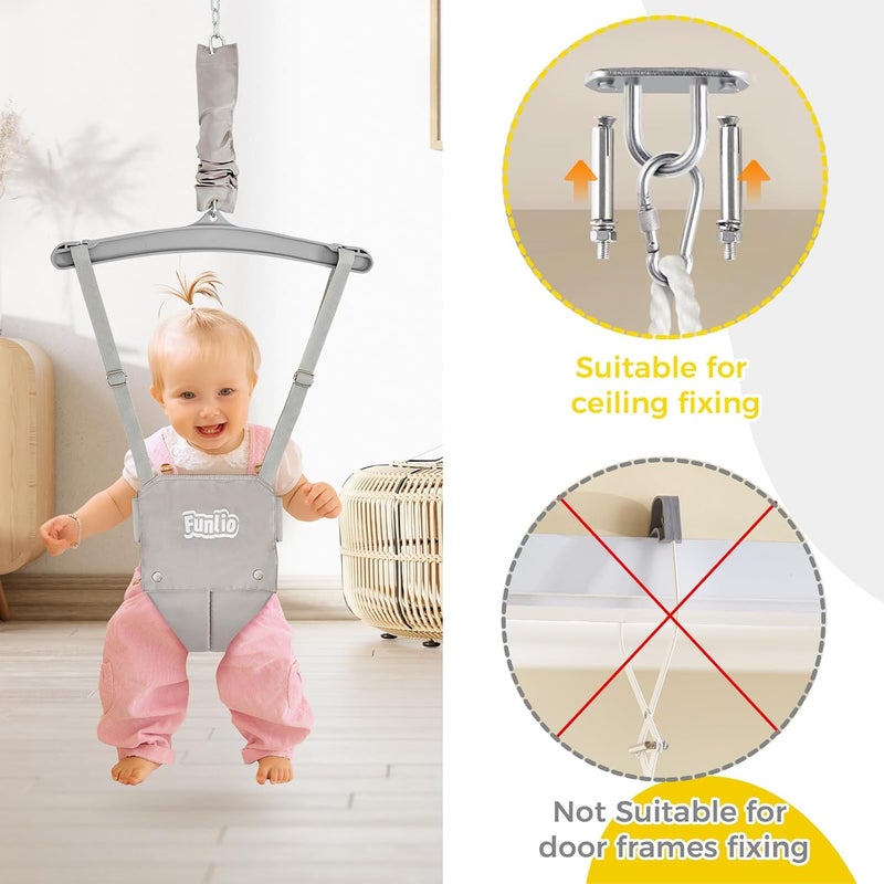FUNLIO Baby Jumper with a Ceiling Hook for 6-24 Months, Baby Door Jumper for Indoor/Outdoor Play, Infant Jumper Doorway with Adjustable Chain, Easy to Assemble & Store (with a Ceiling Hook)- Grey - Image 2